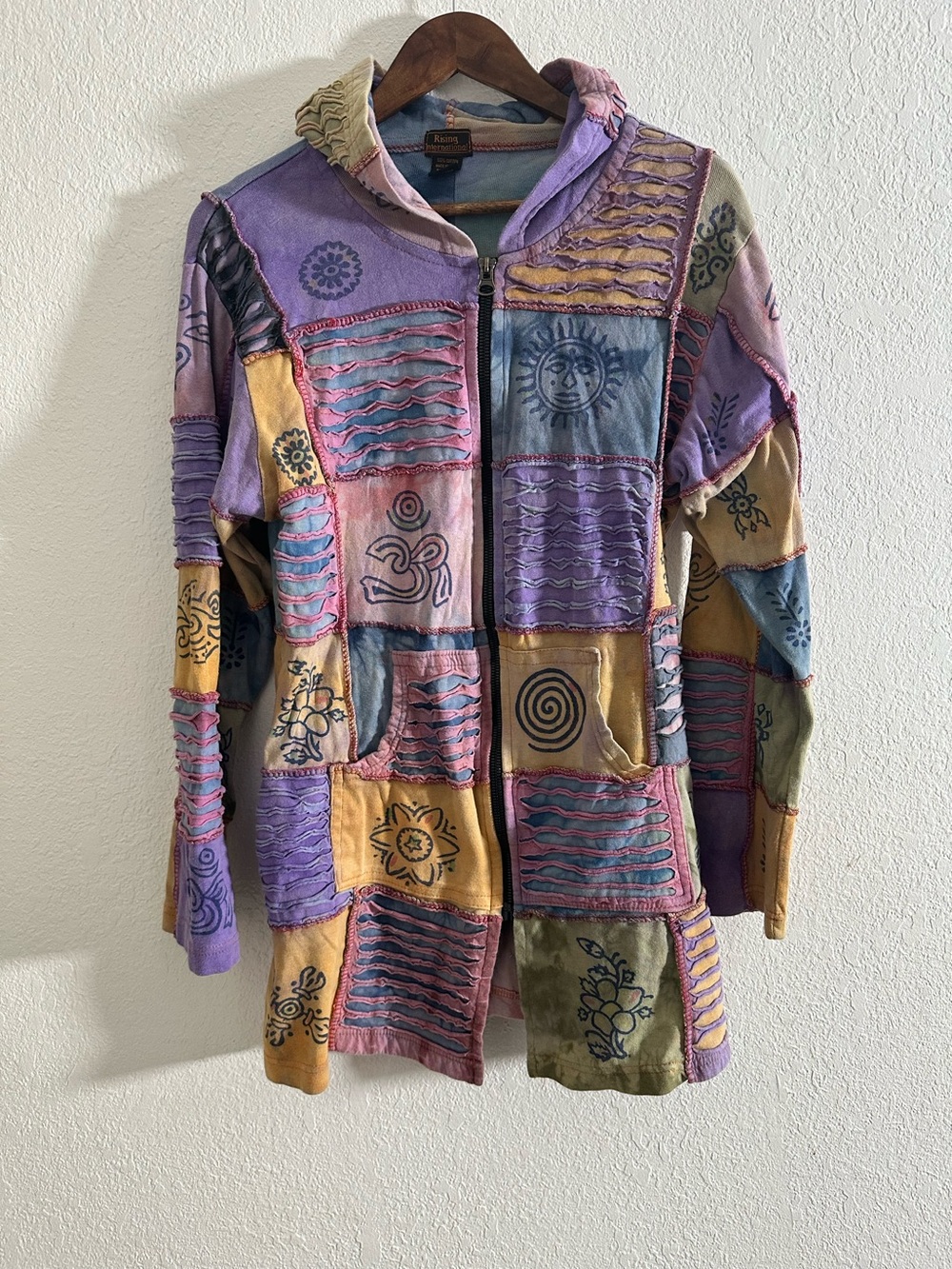 Rising International Boho Y2K Patchwork Long Full-Zip Hoodie Jacket Size XXL